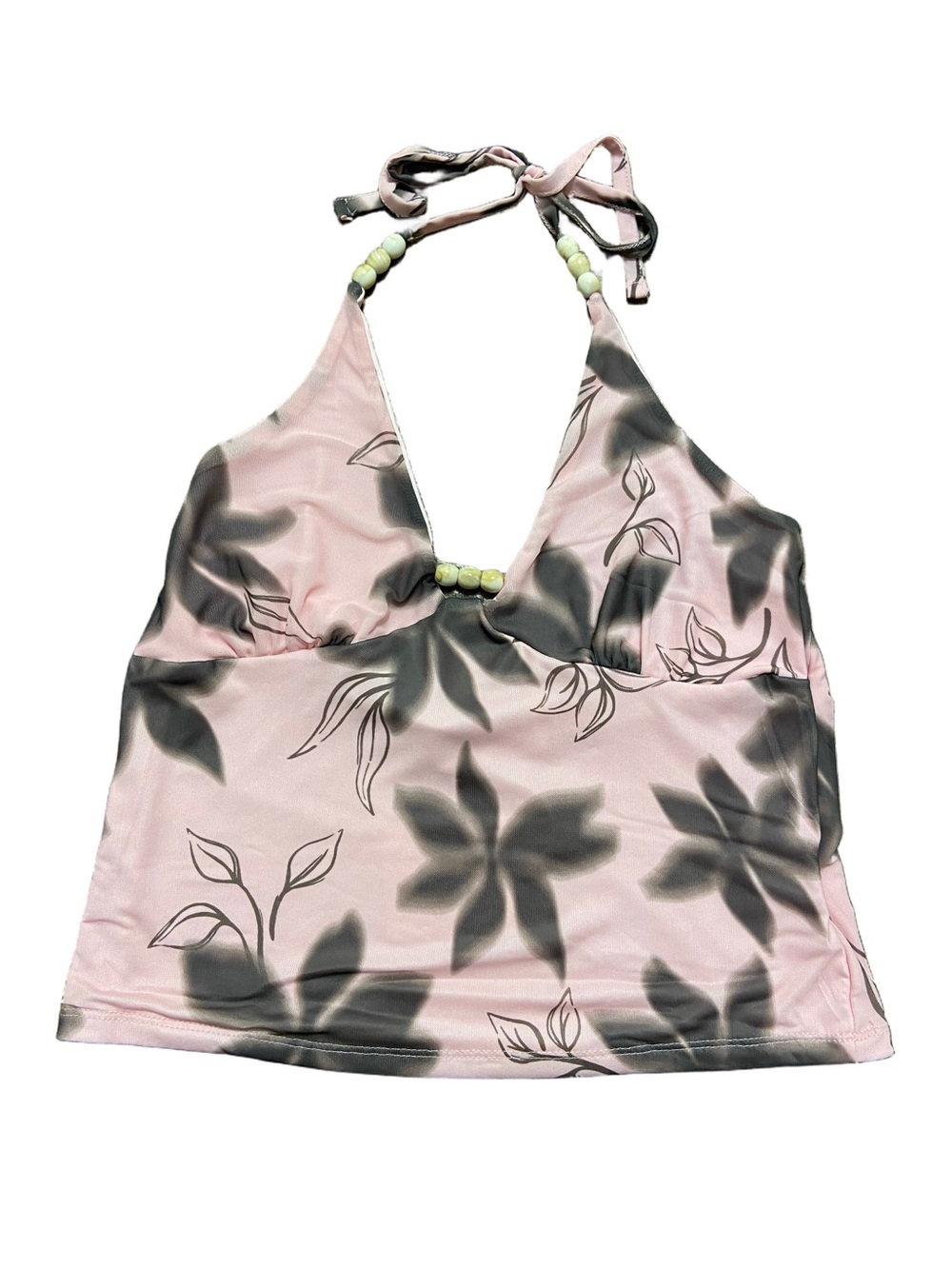 Pink Rose Y2K Pink & Black Floral Beaded Halter Top Tie Neck Floral Camisole L